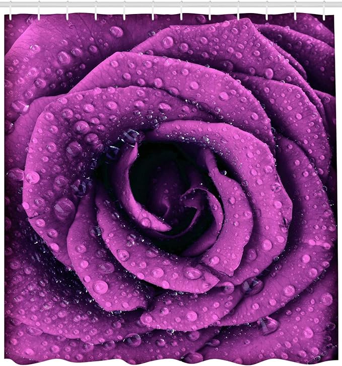 Ambesonne Purple Shower Curtain, Fresh Raindrops on a Big Valentine Rose Universal Timeless Romantic Love Blooms, Cloth Fabric Bathroom Decor Set with Hooks, 69" W x 84" L, Purple