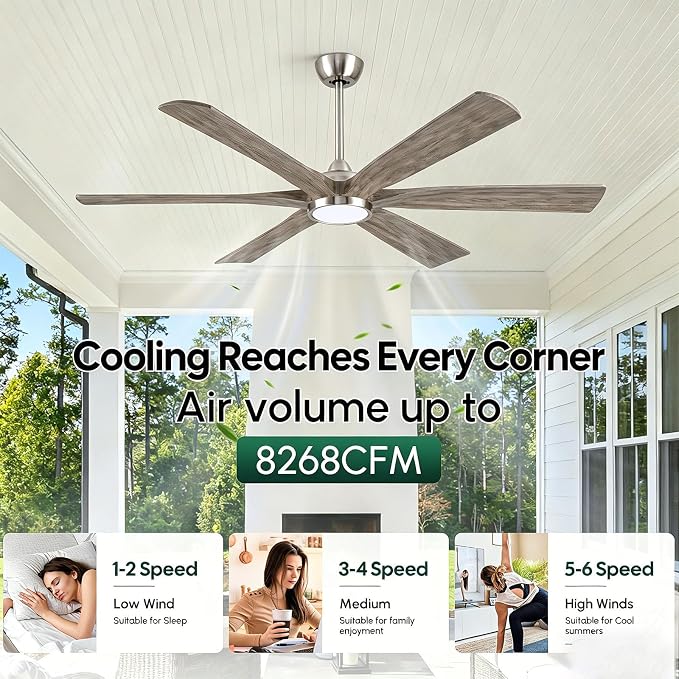 60 Inch Smart Outdoor Ceiling Fan with Light, Modern Farmhouse Style, Works with Alexa/App/Remote, 6 Gray Solid Wood Blades, Damp Rated Quiet DC Motor for Patios, Covered Porches & Indoor Bedrooms