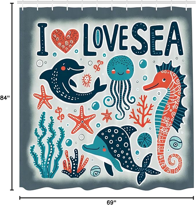 Ambesonne Nautical Shower Curtain, I Love Sea Lettering Happy Ocean Scenario Seahorse Dolphin Jellyfish Funny, Cloth Fabric Bathroom Decor Set with Hooks, 69" W x 84" L, Blue Coral Coconut