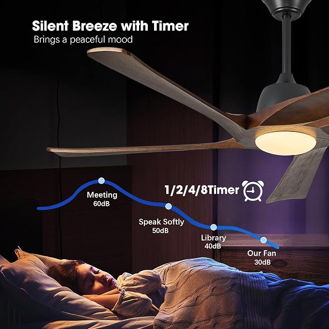 60“ DC Ceiling Fan with Light, Solid Wood Ceiling Fan with Remote and APP Control, 3-color Dimmable, 6-speed Reversible Fans for Bedroom, Living Room, Dark Walnut