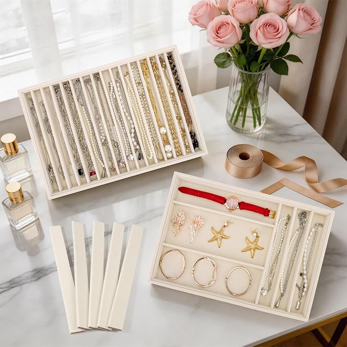 Large Velvet Jewelry Tray 2 Pack, Stackable Jewelry Display Drawer Inserts Trays, 16 Grids Jewelry Organizer for Earrings, Bracelets, Necklaces, Rings, Beige