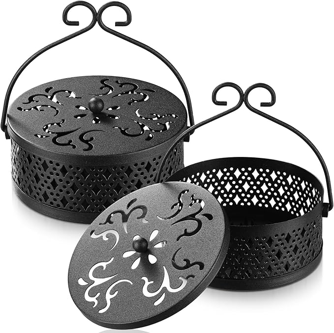 Lallisa Incense Coil Holder Sets, Round Metal Hanging Incense Burner with Handle and Lid, Portable Coil Burner Stand Container for Patio Camping Garden Home Indoor Outdoor Decor(Black,2 Pcs)
