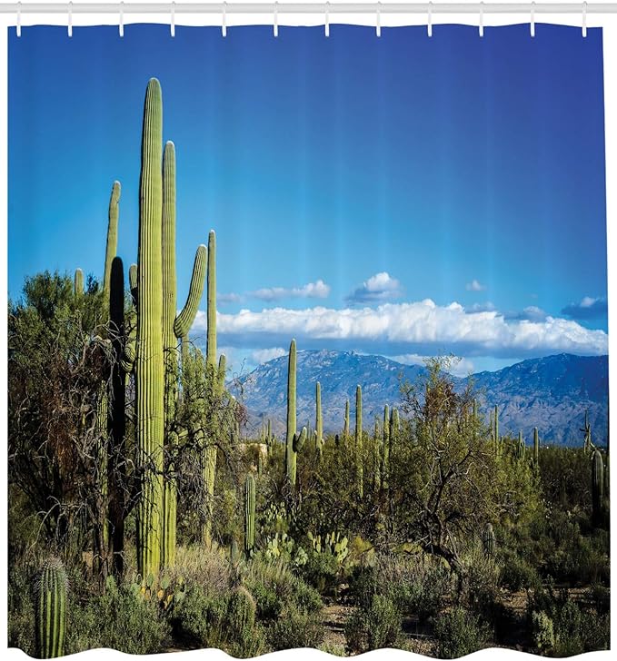 Ambesonne Desert Shower Curtain, Wide View of The Tucson Countryside with Cacti Rural Wild Landscape Arizona Phoenix, Cloth Fabric Bathroom Decor Set with Hooks, 69" W x 70" L, Green Blue