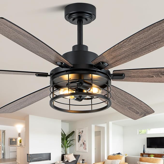 60" Farmhouse Ceiling Fan with Lights Remote, Rustic Ceiling Fan | Industrial Caged Fandelier Black Metal Chandelier Light, Reversible Quiet DC Motor 6 Speeds for Living Room Bedroom Indoor