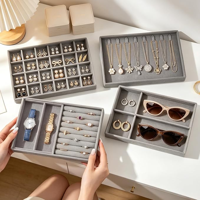 Jewelry Organizer for Drawer, Velvet Jewelry Drawer Organizer Inserts, 4-Layer Grey Stackable Jewelry Trays for Rings Earrings Necklaces Bracelets with Removable Dividers for Dresser Vanity
