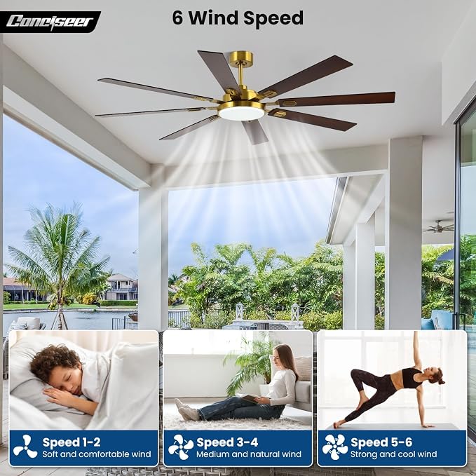 72 Inch Ceiling Fans with Lights and Remote, Dual Color 8 Blades, Bedroom Living Room Office Library Cafe Outdoor Industrial, 3CCT Dimmable, 6 Speed Reversible Quiet DC Motor, Gold/Wood Grain