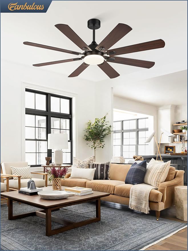 Fanbulous 62 Inch Ceiling Fans with Lights, Black Modern Ceiling Fan with Remote,Large Farmhouse Indoor & Outdoor Ceiling Fan with 8 Dual Finish Blades, Quiet DC Motor, Bright LED Light