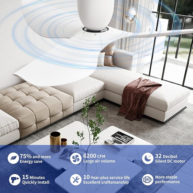 60" White Flush Mount Ceiling Fan with Remote, No Light | Modern Low-Profile, Heat Resistant ABS Blades, 6-Speed Reversible Quiet DC Motor for Balcony, Living Room, Bedroom
