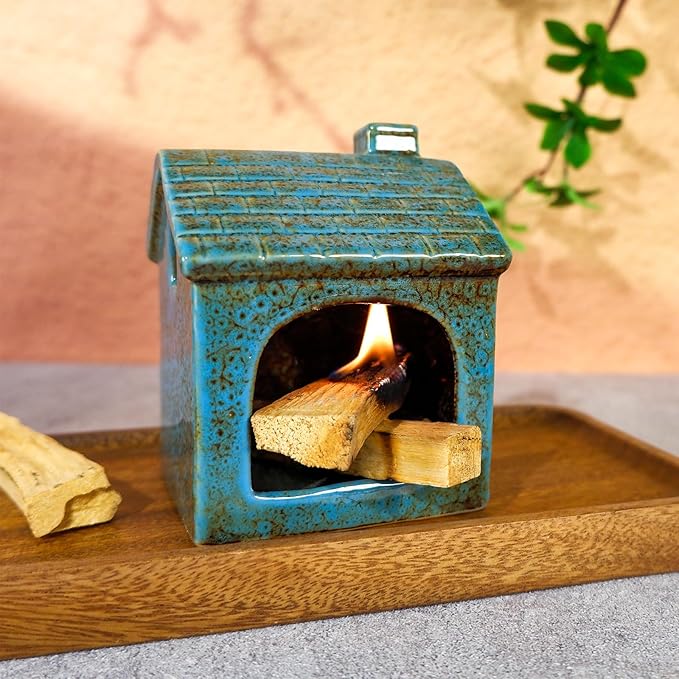 Mougigi Blue House Palo Santo Burner Holder - Ceramic Mini Chiminea with Stable Base for Burning Sage & Incense Cones-Ideal Small Smudge Bowl for Zen Altars, Meditation,Yoga Spaces, Home Decor & Gifts