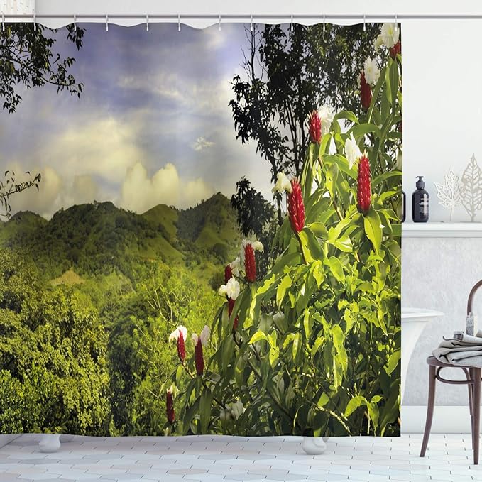 Ambesonne Forest Shower Curtain, Rural Scenery Costa Rica Countryside Greenery Tropic Accents Botanical, Cloth Fabric Bathroom Decor Set with Hooks, 69" W x 75" L, Green Red Violet Blue