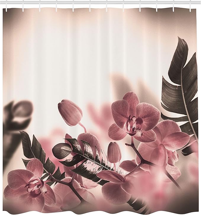 Ambesonne Tropical Shower Curtain, Exotic Orchids Blossom Leaves on Blurred Background Floral Themed Modern Art, Cloth Fabric Bathroom Decor Set with Hooks, 69" W x 75" L, Dried Rose
