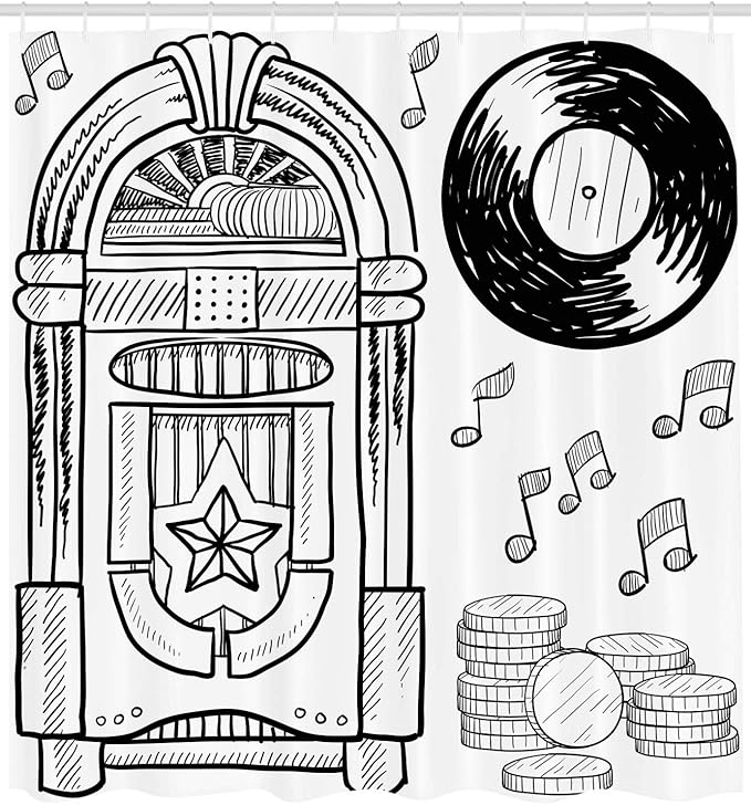 Ambesonne Jukebox Shower Curtain, Doodle Style Retro Music Box Notes Coins Long Play Vintage Sketchy Art, Cloth Fabric Bathroom Decor Set with Hooks, 69" W x 70" L, Black and White