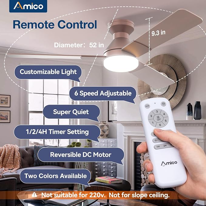 Amico Ceiling Fans with Lights, 52 inch Low Profile Ceiling Fan with Light and Remote Control, Flush Mount, Reversible, 3CCT, Dimmable, Noiseless, Brown Ceiling Fan for Bedroom, Indoor/Outdoor Use