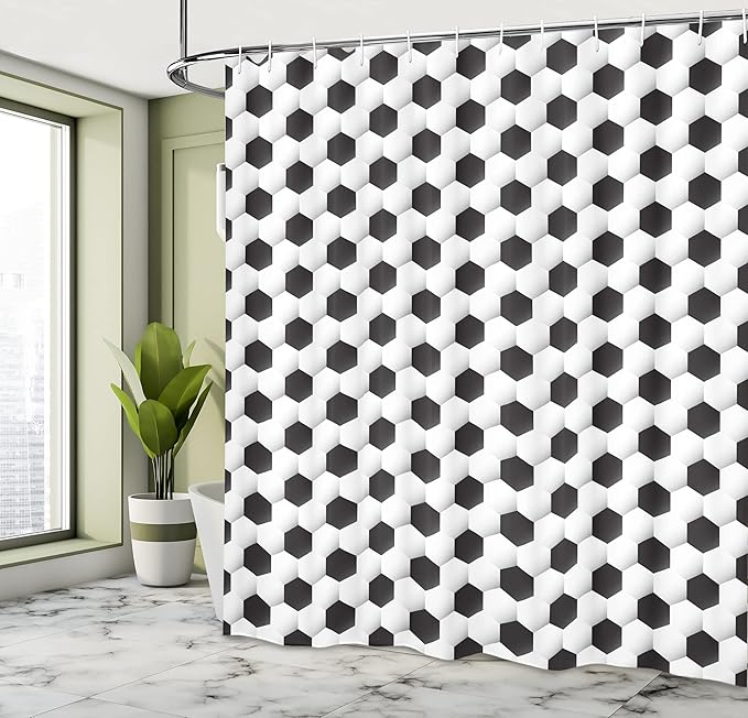 Ambesonne Sports Shower Curtain, Soccer Ball Vivid Pattern Athletic Sport Themed Geometrical Modern Design, Cloth Fabric Bathroom Decor Set with Hooks, 69" W X 75" L, White Grey