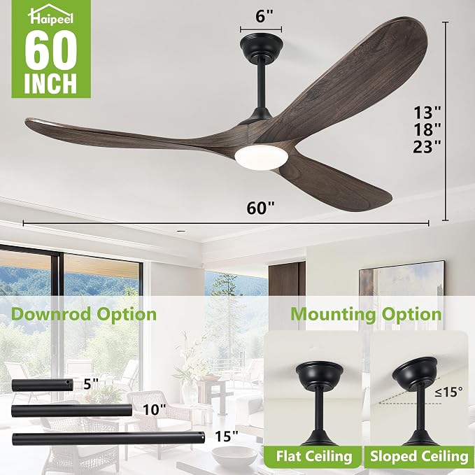 Haipeel 60 Inch Outdoor Ceiling Fans with Lights, Propeller Solid Wood Ceiling Fans with Light and Remote Control for Outdoor Ceiling Fan with Light for Patio Farmhouse, DC ETL Listed, Deep Brown