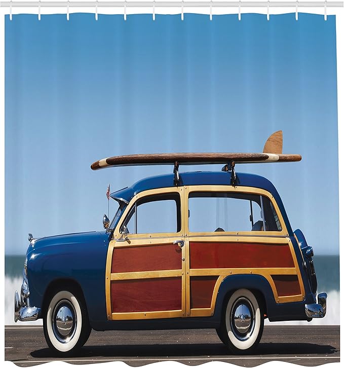 Ambesonne Surfboard Shower Curtain, Wave Rider Warm Tropic Weather Climate Wind Surfing Wakesurfing, Cloth Fabric Bathroom Decor Set with Hooks, 69" W x 70" L, Dark Blue Redwood Blue