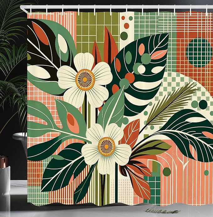 Ambesonne Mid Century Modern Shower Curtain, Abstract Monstera and Flowers with Symmetric Lines Back, Cloth Fabric Bathroom Decor Set with Hooks, 69" W x 75" L, Coral Jade Green Coconut