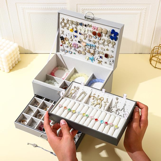 BOOVO Large Jewelry Boxes For Women (grey) | 5 Layers Jewelry Organizer Box With Cosmetic Storage Drawer, Necklace Ring Jewelry Organizer Box