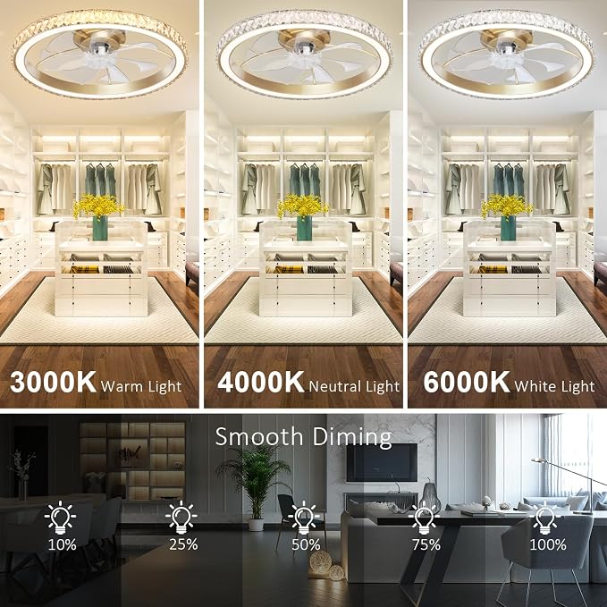 Aipsun 26" Low Profile Modern Crystal Chandelier Ceiling Fans with Lights and Remote, 3000K-6500K Smart Bladeless LED Fan Light, Gold Modern Ceiling Fans with Lights for Bedroom