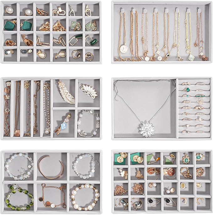 ProCase Stackable Jewelry Organizer Trays for Drawers, Jewelry Drawer Inserts Container Display Case Storage for Earring Necklace Rings Bracelet with Removable Dividers -Grey, 6 Layers