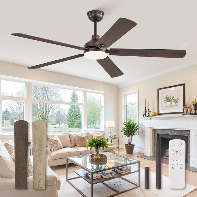 ZMISHIBO 60" Ceiling Fans with Lights, Oil Bronze Farmhouse Ceiling Fan with Remote, Rustic Indoor Ceiling Fan with Dual Finish Blades, Quiet & Strong Motor, Bright LED Light.