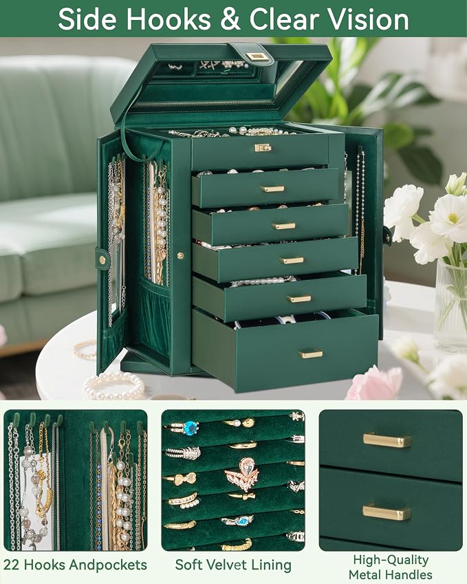 AKOZLIN 6-Tier Jewelry Box Organizer Functional 5 Drawers Leather Jewelry Storage Case for Women Girls Ring Necklace Earring Bracelet Holder Organizer with Mirror XL Green 360° Rotating