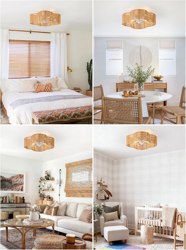 Boho Ceiling Fans with Lights, 20" Low Profile Ceiling Fan with Light Remote Control, Bladeless Flush Mount with 6 Speeds for Bedroom, Nursery, Living Room.
