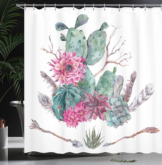 Ambesonne Cactus Shower Curtain, Exotic Natural Vintage Style Watercolor Bouquet Bohemian Arizona Vegetation, Cloth Fabric Bathroom Decor Set with Hooks, 69" W x 84" L, Green Pink Brown