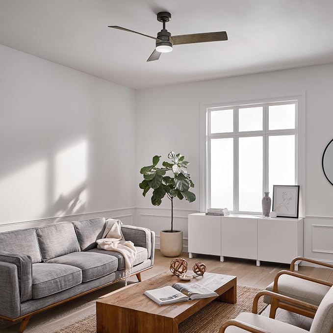 Kichler Spyn 52" Ceiling Fan with LED Lights in Anvil Iron, 3-Blade Contemporary Industrial Ceiling Fan, 3000K, Included Wall Control, (52" W x 14.5" H), 300275AVI