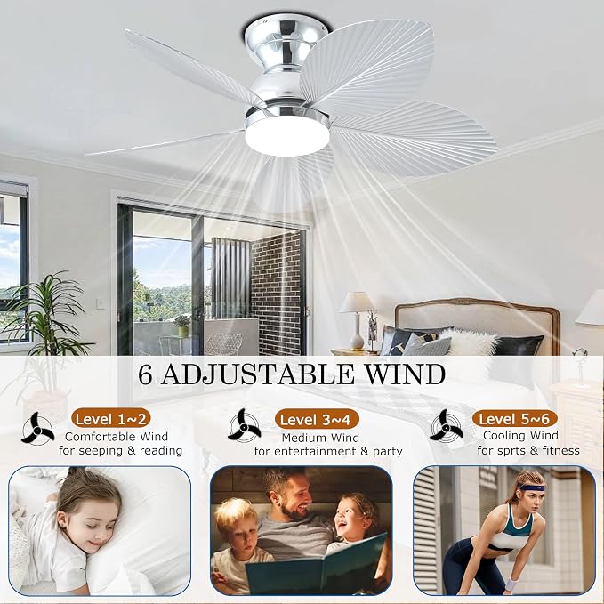 GJeg Tropical Ceiling Fans with Light, 38-inch Flush Mount Palm Leaf Ceiling Fans for Bedrooms, Indoors and Outdoors, Remote Control/APP Control, 6-Speed, Dimmable, Reversible,Chrome