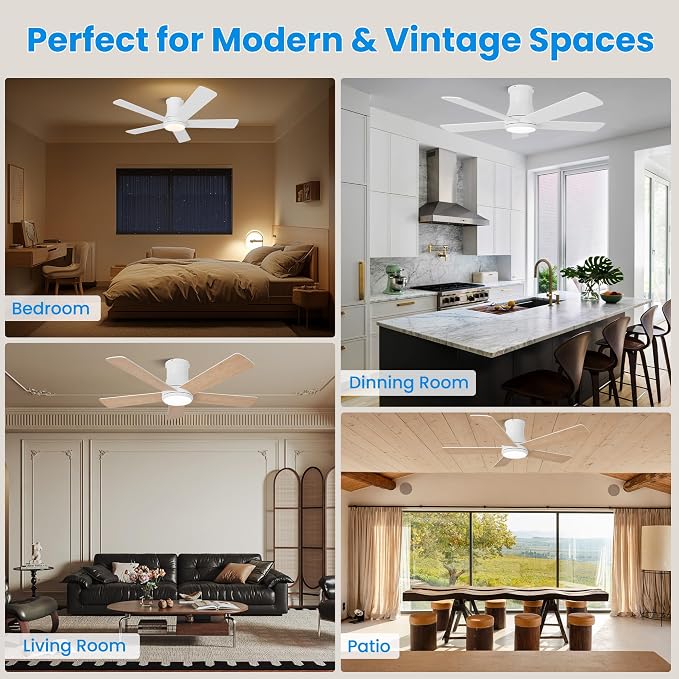 42 Inch Low Profile Ceiling Fan with Light, White Ceiling Fans with Lights and Remote, Flush Mount, 6 Speeds Reversible Quiet DC, 3CCT Dimmable, Indoor Outdoor Ceiling Fans for Patios Bedroom