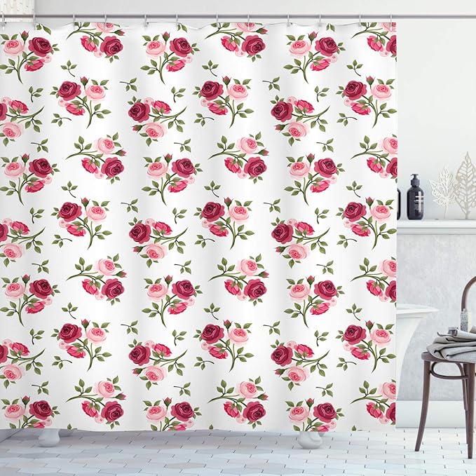 Ambesonne Rose Shower Curtain, Pattern with Rose Stems Flowers Garden Classic English Style Design Print, Cloth Fabric Bathroom Decor Set with Hooks, 69" W x 75" L, Pink Fern