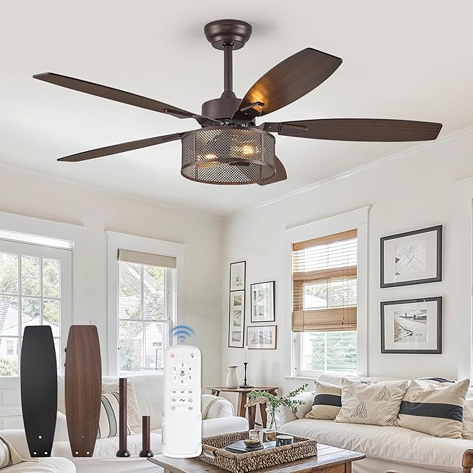 Fanbulous Farmhouse Oil Bronze Ceiling Fans with Lights and Remote, 52 Inch Bedroom Caged Ceiling Fans for Living Room Kitchen，6 Speed Reversible Quiet DC Motor, Dual Finish 5 Blades