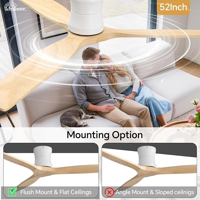 Sofucor 52" Smart Ceiling Fan No Light, Solid Wood Low Profile Ceiling Fan with Remote, Flush Mount Ceiling Fan Works with Alexa/Google/App 6-Speed Timing Reversible DC Motor for Living Room Bedroom