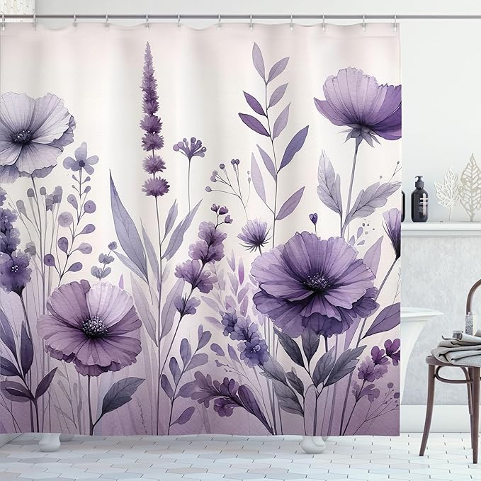 Ambesonne Purple Shower Curtain, Picturesque Pastel Tones Pansy Flowers Garden Cold Morning in a Meadow, Cloth Fabric Bathroom Decor Set with Hooks, 69" W x 70" L, Lilac Pale Grey Blush