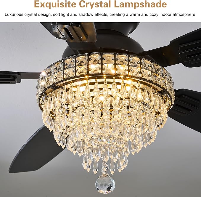 Crystal Ceiling Fan Fandelier with Lights-Ceiling Fans with Lights,54" Low Profile and Remote Control, Flush Mount, Reversible, Dimmable, Noiseless, Black Ceiling Fan for Bedroom