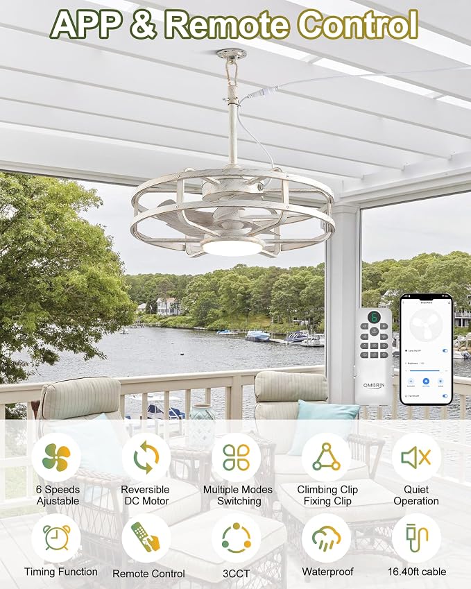 20" Outdoor Ceiling Fan with Light – Waterproof Plug-In Smart Fan for Porch, Pergola & Gazebo, 4CCT Color Adjustable, Alexa & Google Compatible, Caged Design, Antique White Gold Finish