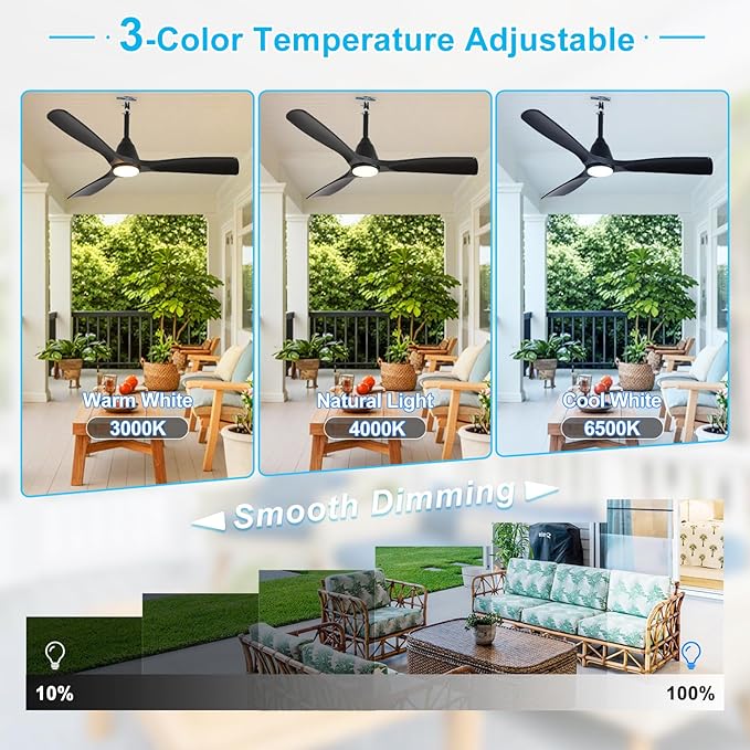 Depuley Outdoor Ceiling Fan with Lights: 42" Black Gazebo Fans Outdoor Hanging with Remote APP Control - Plug in Waterproof Fans with Light for Patio Porch Reversible Black Blades 3CCT 6 Speeds Timer