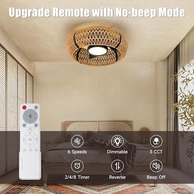 ocioc 20" Caged Ceiling Fans with Lights and Remote,Fandelier Ceiling Fan with Light,Flush Mount Low Profile,Bladeless,Quiet Reversible DC Motor,Boho Rattan Ceiling Fan for Bedroom