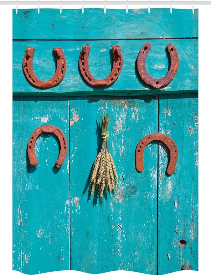 Ambesonne Western Stall Shower Curtain, 5 Antique Rusty Luck Horseshoe and Wheat Ears Bunch Picture, Fabric Bathroom Decor Set with Hooks, 54" W x 78" L, Turquoise and Brown