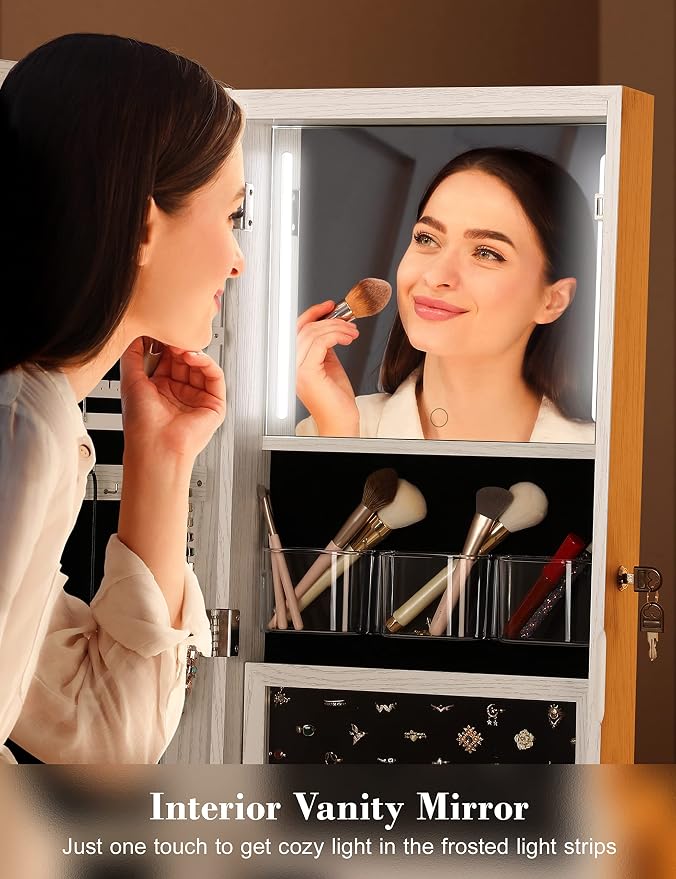 360° Swivel Jewelry Cabinet with Lights, Touch Screen Vanity Mirror, Rotatable Full Length Mirror with Jewelry Storage, Standing Jewelry Armoire Organizer, Foldable Makeup Shelf, White with Grain