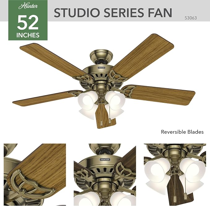 Hunter Studio Series, Indoor, Ceiling Fan, Quiet, 52 inch, Antique Brass