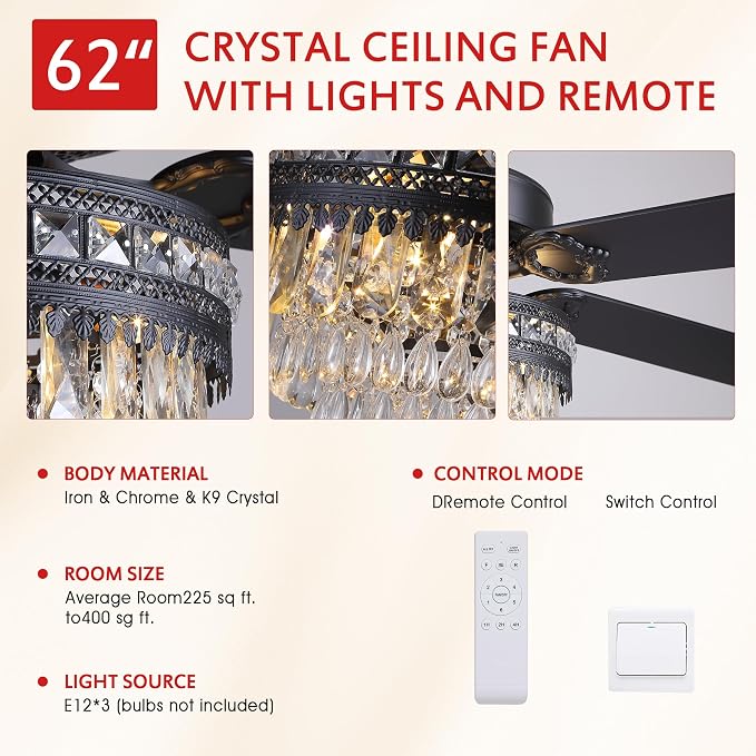 GJeg Crystal Ceiling Fan Fandelier with Lights - Outdoor Ceiling Fans with Remote Control, Farmhouse Ceiling Fan with Noiseless DC Reversible Motor,Dining Room,Living Room(62" Black)