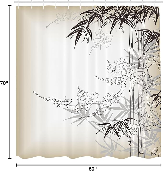 Ambesonne East Shower Curtain, Japanese Art in Traditional Style Blooming Design Sakura Tree Autumn Theme Pattern, Cloth Fabric Bathroom Decor Set with Hooks, 69" W x 70" L, White and Tan