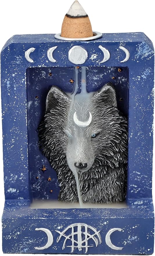 Pacific Giftware 4" Tall Moon Phase Backflow Incense Burner for Spiritual Home Decor, Wolf Figurine