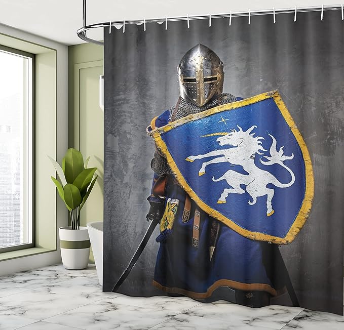 Ambesonne Medieval Shower Curtain, Medieval Knight Holding an Aged Old Shield Historical Theme Digital Print, Cloth Fabric Bathroom Decor Set with Hooks, 69" W x 70" L, Blue Grey