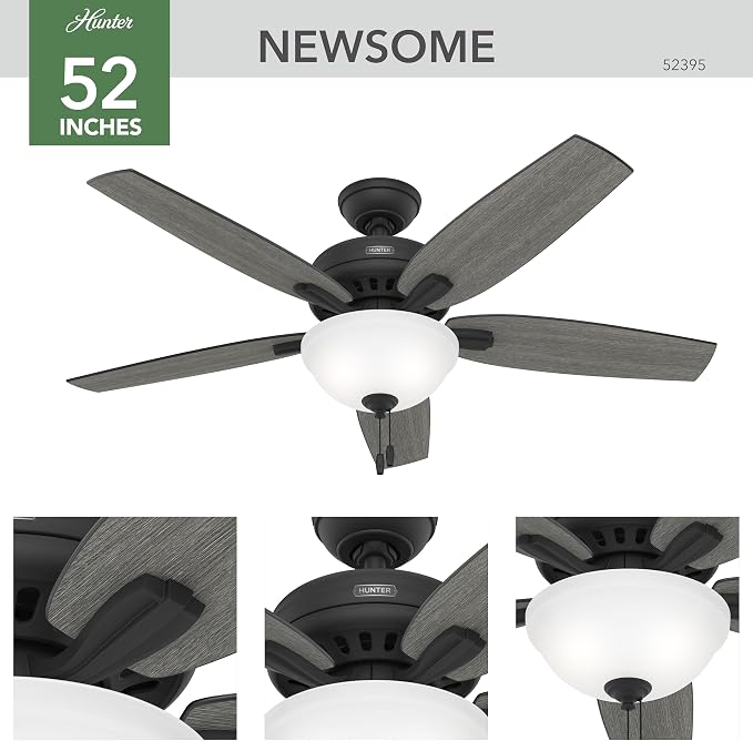 Hunter 52 inch Indoor Ceiling Fan with LED Light - Black Ceiling Fan with Pull Chain, for Bedroom or Living Room, Standard Mount, No Remote, 5 Blades, Includes Bulbs - Newsome 52395, Matte Black | Standard Mount, Pull Chain, 5 Blades, For Bedroom, Livi...