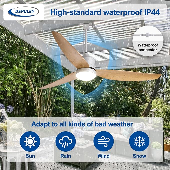 Depuley 52-Inch Ceiling Fans with Lights: Outdoor Waterproof Ceiling Fan for Patios - Plug in Gazebo Fans with Remote Control - Low Profile Outdoor Fan 3 CCT DC Motor for Pergola Porch - Wood Color