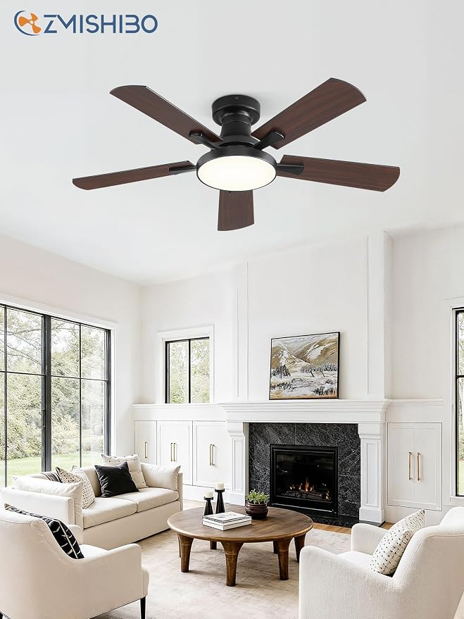 ZMISHIBO 42 Inch Ceiling Fans with Lights, Flush Mount Low Profile Ceiling Fan with 6 Speeds & 3CCT, Smart Remote&APP Control, Dimmable 24W LED Light, Quiet DC Motor for Living Room Bedroom,Black