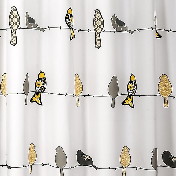 Lush Decor Rowley Birds Shower Curtain, 72” W x 72” L, Yellow & Gray - Colorful Floral Bird Pattern - Whimsical & Playful Bird Shower Curtain - Farmhouse, Coastal, & Boho Bathroom Decor